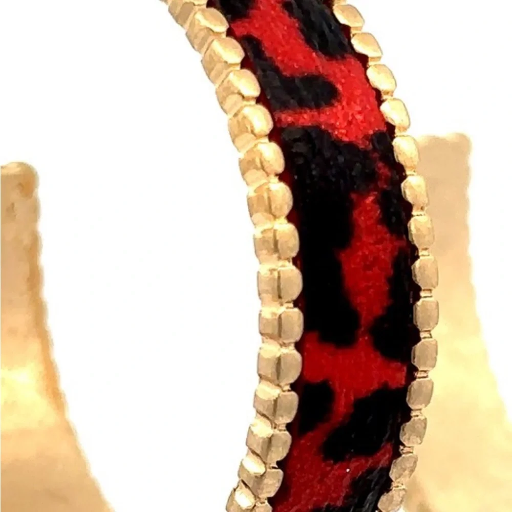 Gold Hoop Earrings with Red Leopard Print Accent